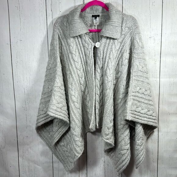 Talbots Gray Cable Knit Wool Blend Poncho Cape Minimalist Classic Preppy Cozy - Picture 1 of 15